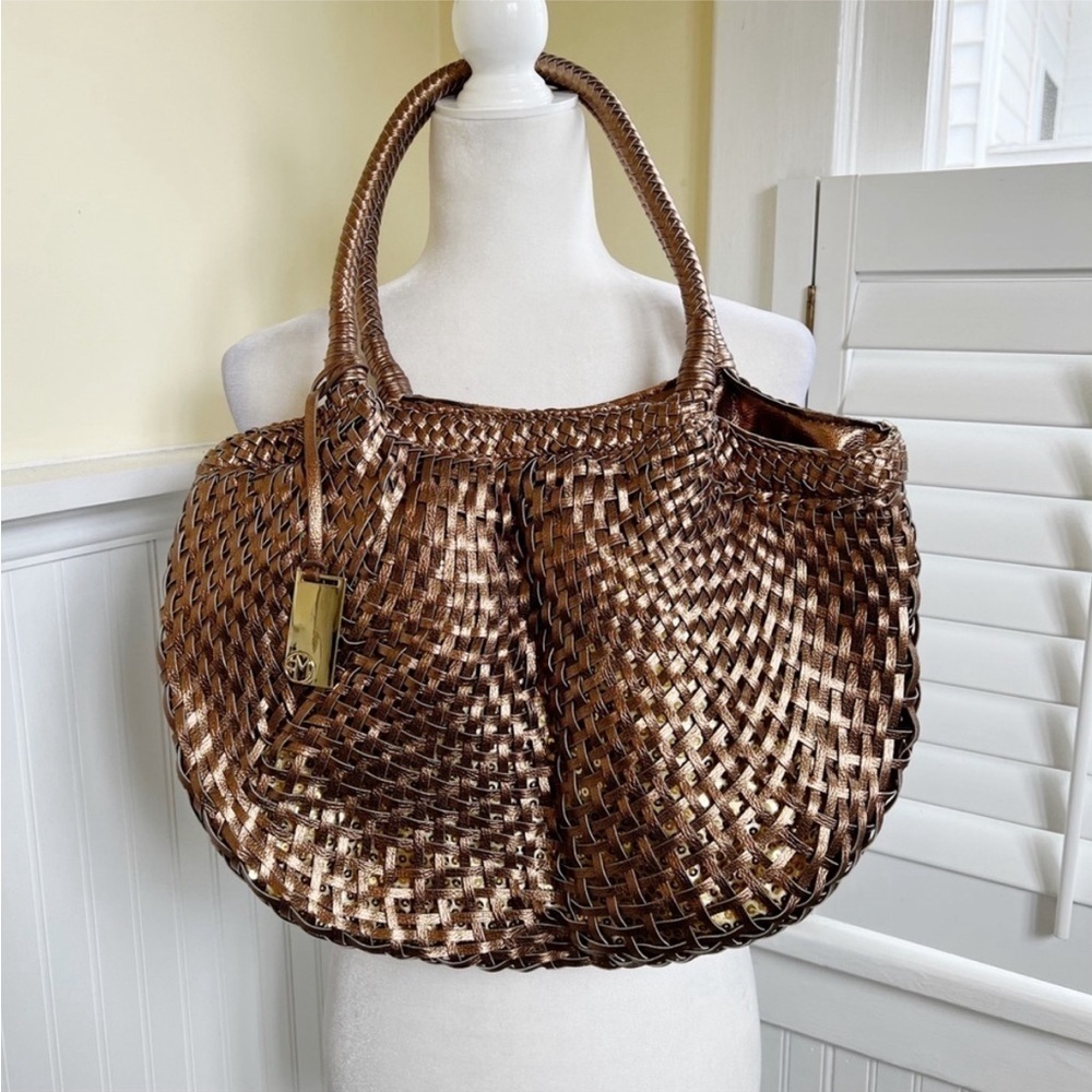 Marc Fisher Bronze Metallic & Gold Sequin Basket Weave Faux Leather Shoulder Bag - Picture 1 of 12